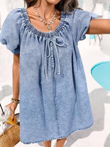 Vivid Eden Đầm denim nữ kiểu dáng thường ngày, có thể mặc hai mặt. - Rửa nhẹ - Xem 7