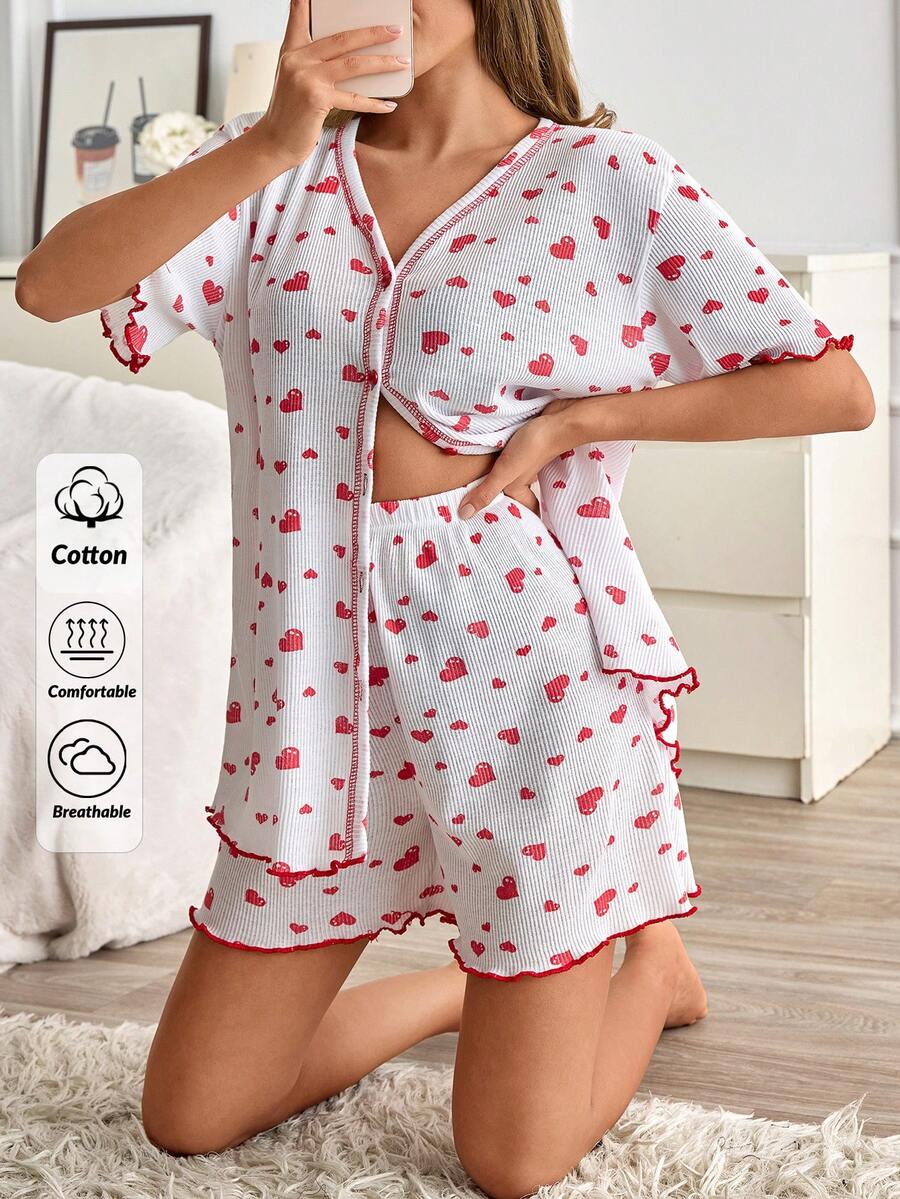 SHEIN %100 Cotton Button Detailed Heart Print With Lettuce Trim Casual 2 Pieces Pajama Set - White - View 1