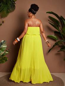 Maweii Đầm maxi dáng rộng không dây vai, xếp ly, bèo nhún, chất liệu chiffon dành cho phụ nữ cỡ lớn - Màu vàng - Xem 2