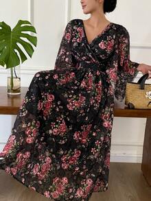 Joudiya Đầm hoa thanh lịch dành cho nữ, thích hợp mặc đi làm. - màu đen - Xem 9