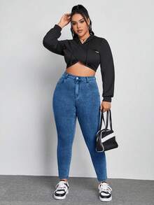 SHEIN ICON Plus Size Women Pockets Button Casual Versatile Daily Wear Denim Jeans Brown Spring - Medium Wash - View 6