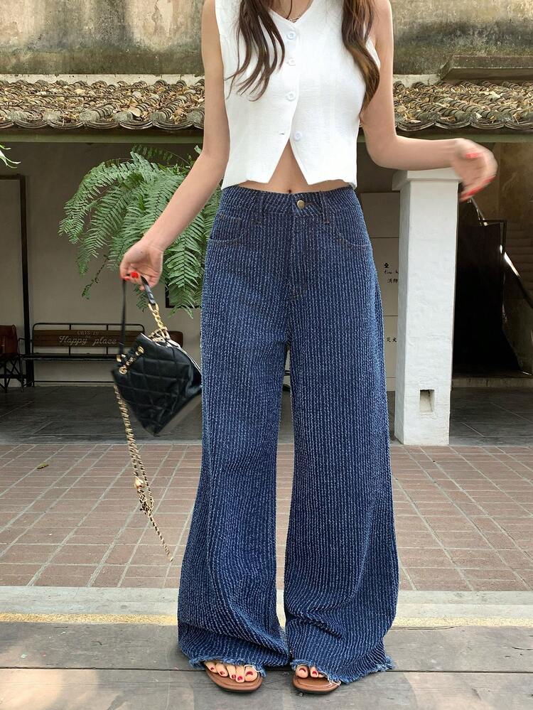 Women's Textured Loose Flared Korean Style Casual Jeans
