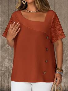 EMERY ROSE Plus Size Casual Solid Color Lace Patchwork Asymmetric Collar Blouse, Summer Outfits For Women - Rust Brown - View 4