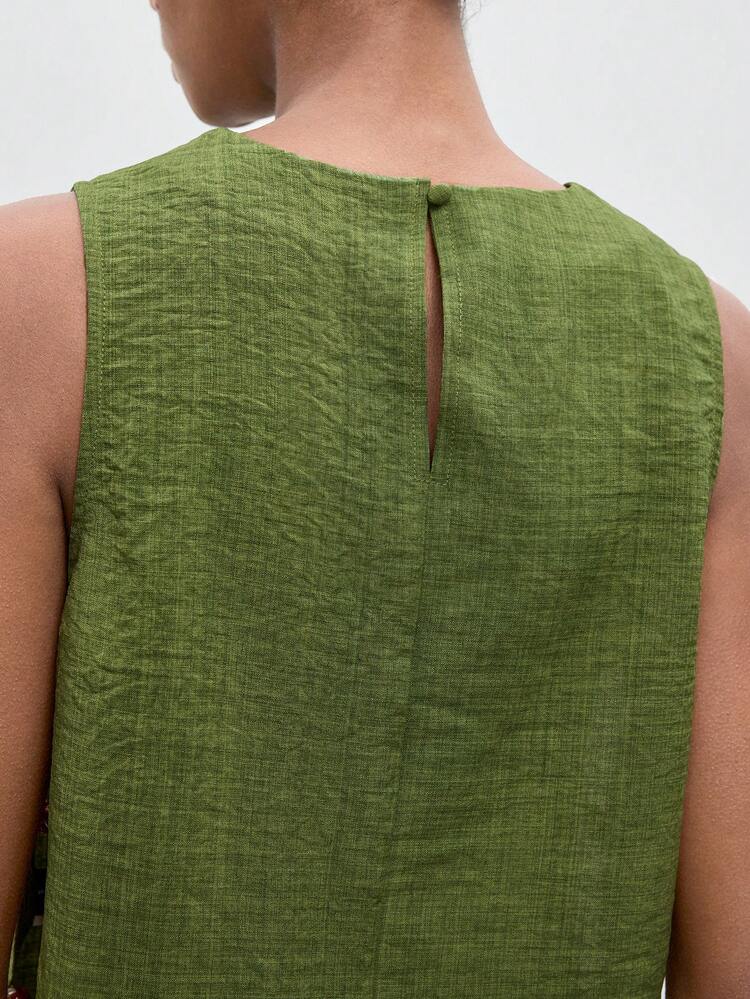 SHEIN Maija Women Solid Olive Green Round Neck Side Slit Beaded Connection Tank Top,Boho Summmer Vacation Party Beach Top,Elegant St Patrick's Day Top