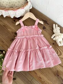 SHEIN 女婴夏季连衣裙，粉色公主蝴蝶结吊带裙，甜美活泼，适合春夏季外出穿着 - 粉色 - 查看 1