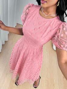 SHEIN Lady 女士优雅通勤波点网纱花瓣袖中长连衣裙，夏季 - 粉色 - 查看 3