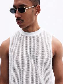SUMWON 男士白色无袖网眼背心 夏季透气圆领休闲轻薄针织透视背心 常规版型 - 米色 - 查看 5