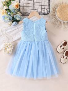 SHEIN Vestido de princesa de verano para niñas de 4 a 7 años con cintura de encaje azul, volantes y capa de tul - Azul - Ver 2
