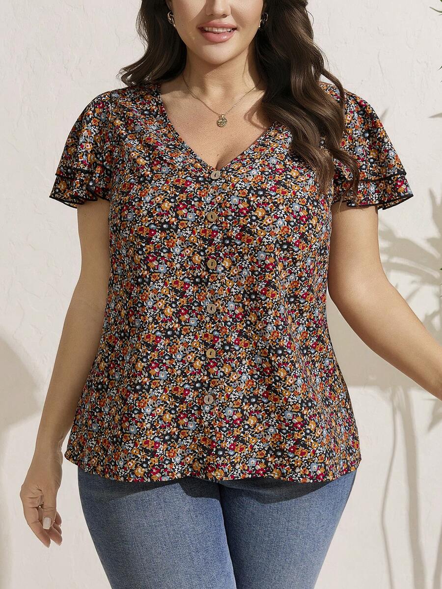 Comfylo Áo kiểu nữ cỡ lớn cổ chữ V họa tiết hoa, tay ngắn, bèo nhún, thích hợp mặc đi lễ hội, đi biển, đi nghỉ mát, áo mùa hè cho nữ, áo tay ngắn cho Ngày của Mẹ, áo nữ, áo kiểu, áo thun, áo nữ mùa hè, áo kiểu thường ngày cho Ngày của Mẹ.