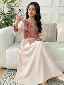 SHEIN 少女休闲圆领长袖连衣裙 - 卡其色 - 查看 5