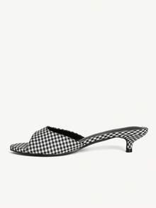 CUCCOO CHICEST Women's Elegant Black & White Plaid Pointed Toe Kitten Heel Mule Sandals, Suitable For Weddings And Dates Valentine's Day Elegant Shoes - Black and White - View 5