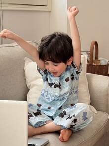 DAZY Tween Boy Dog Print Single-Breasted Short Sleeve Top And Pants Casual Loungewear Pajama Set - Blue - View 6