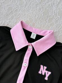 SHEIN 少女休閒日常 Polo 領撞色迷你馬印花連身褲 - 彩色 - 查看 3