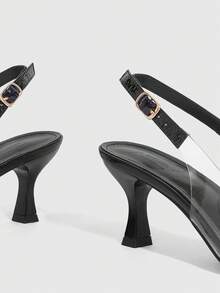 CUCCOO SZL Tacones de aguja con puntera transparente de TPU, tacón de stiletto elegante para ir al trabajo/fiesta/paseo, color albaricoque. Zapatos de tacón alto tipo slingback para damas para Navidad - Negro - Ver 9