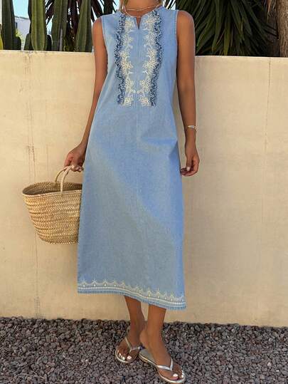 DAZY Women's Summer Sleeveless Frill Trim Floral Print Vacation Style Casual Long Denim Dress