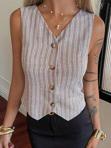 DAZY Áo blazer nữ cổ chữ V không tay, dáng ôm, kẻ sọc, thích hợp mặc mùa hè. - Xám - Xem 2