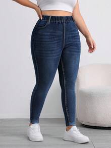 SHEIN ICON Quần jeans bó màu xanh đậm cỡ lớn, co giãn tốt, thoải mái và đa năng - Rửa tối - Xem 4