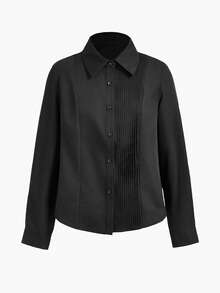 MOTF PREMIUM WOMEN'S SOLID COLOR FOLD PLEATED REGULAR ELEGANT COMMUTER VERSATILE SHIRT, SUITABLE FOR SPRING AND AUTUMN - Black - View 1