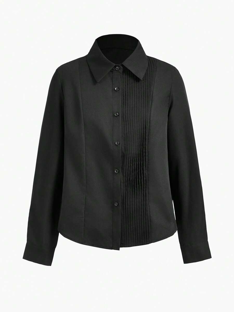 MOTF PREMIUM WOMEN'S SOLID COLOR FOLD PLEATED REGULAR ELEGANT COMMUTER VERSATILE SHIRT, SUITABLE FOR SPRING AND AUTUMN - Black - View 1