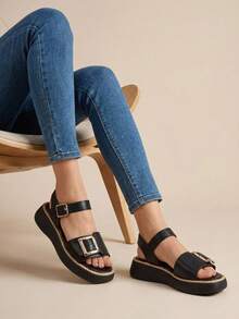 Huarache con plataforma y hebillas - Negro - Ver 4