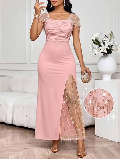 SHEIN Lady Party Banquet Contrast Sequin Mesh Lace Trim Fitted Pink Dress Birthday&Event Dresses /Office Dresses /Church Dresses/Wedding Dresses /Holiday Dresses /Elegant Dress/ Party Dress/Wedding Guest Plus Dress Women  Elegant Dresses For Party Elegant Party Dresses Elegant Dresses For Women Elegant Dresses For Ladies Elegant Dress Shiny Dress Sparkly Wedding Guest Dress For Women Luxury Dresses Sparkly Dress Summer Dress Spring Dress Pink Jalabiyas Elegant Pink Dress Pink Elegant Dress Sexy Elegant Dress, Summer Dresses
