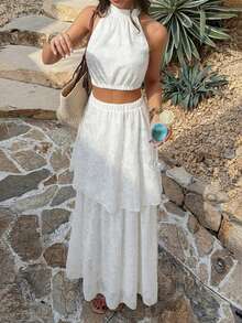 女士休闲优雅白色露肩吊带背心+双层刺绣飘逸长款中长裙，两件套波西米亚度假风套装，夏季套装，适合情人节/休闲度假/通勤穿着 - 白色 - 查看 8