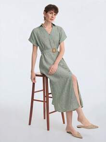 Selianne Women's Summer Short Sleeve Button Waist Belt Dress, Suitable For Vacation, Commuting, Spring And Summer Wear - Army Green - View 6