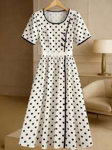 GlowEve CURVE Summer New Women's Casual Fashion Plus Size Polka Dot Decorated Button Dress, Sweet Retro White Short Sleeve Knee-Length Dress; White Polka Dot Short Sleeve Dress, Round Neck Waist Cinched A-Line Dress, Suitable For Daily Shopping, Gathering With Friends Or Weekend Leisure Activities. Polka Dot Dress Women Retro Dresses For Woman Gingham Vintage Polkadot Dress Polka Dot Dress French Style Dress - Apricot - View 6