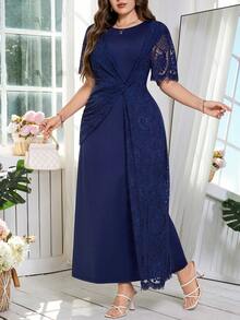 Reflora 大码优雅纯色蕾丝拼接连衣裙，夏季 - 藍色 - 查看 9