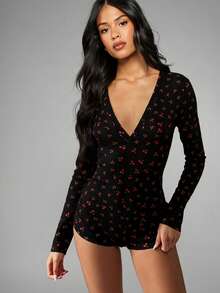 MISSGUIDED 樱桃印花长袖深V领连体睡衣家居服舒适居家服 - 黑色 - 查看 6