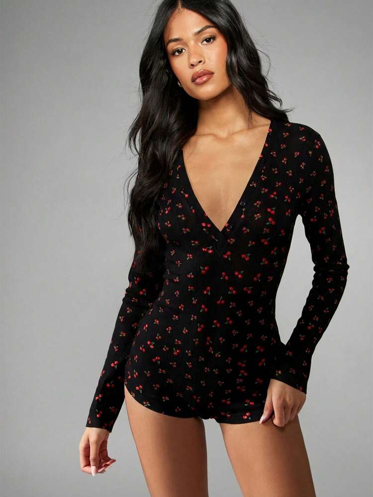 MISSGUIDED Cherry Print Long Sleeve Deep V Neck Romper Sleepwear Pajama One Piece Loungewear Nightwear Comfortable Home Outfit