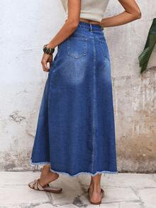 EMERY ROSE 女士夏季休闲水洗牛仔A字裙，带大口袋和毛边下摆 - 藍色 - 查看 2
