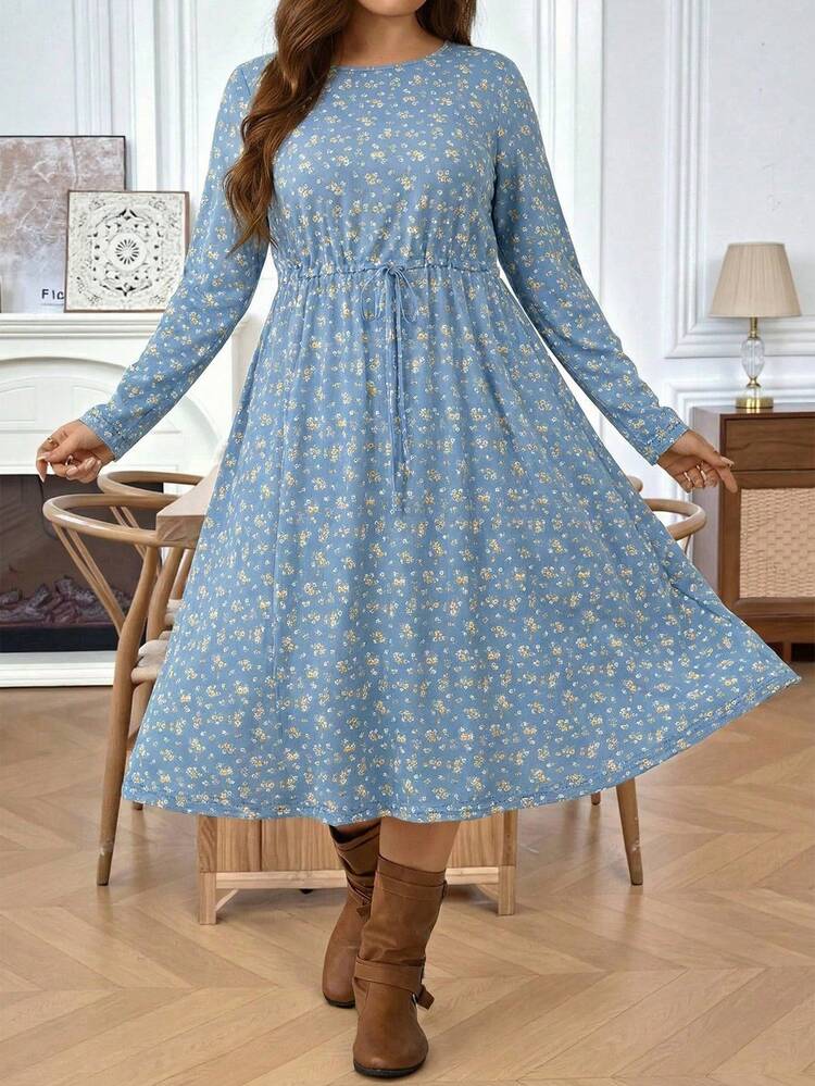 Plus Size Women's Summer Casual Vacation Round Neck Long Sleeve Floral Print Dress,Spring Break Outfits ,Vacation Outfits Women ,Holiday Outfits For Women,Going Out Outfits,2026 New Clothes,Simple And Fashionable For Everyday Wear,Dress Modest,Sun Dresses For Women,Sundress,Flowy Dress,Holiday Outfits Boho, Summer Casual Dress, Blue Flower Dress, Long Sleeve Summer Dresses, Summer Modest Dress,Casual Dresses For Women