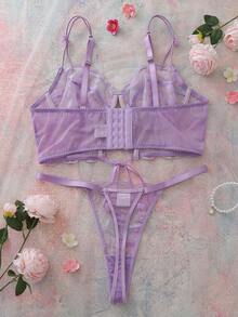 2pcs Romantic Embroidered Hollow-Out Cross Strap Underwire Bra Set - Mauve Purple - View 2