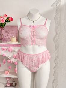 PetitDoll 2pcs/Set Romantic Lace Women's Sweet Ruffled Sexy Lingerie Set - Pink - View 6