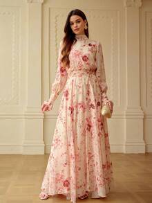 ZEYLAH Ladies' Elegant Floral Print Dress With A Tie-Neck For Dates And Parties - Pink - View 5