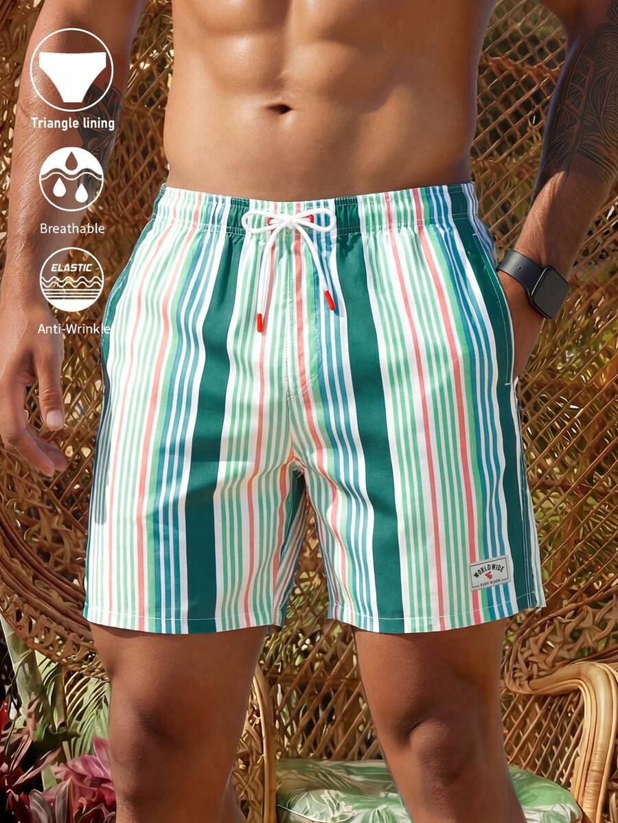 Manfinity Swimmode Men's Summer Vacation Striped Drawstring Waist Beach Shorts - Green - View 1