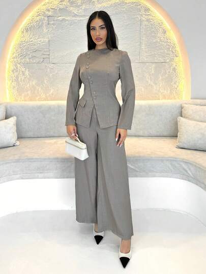 Shopreo Conjunto de 2 piezas de traje elegante de mujer para uso diario y versátil, con blazer de manga larga con solapa asimétrica y botones en la cintura, y pantalón de talle alto en color caqui gris, para otoño/invierno