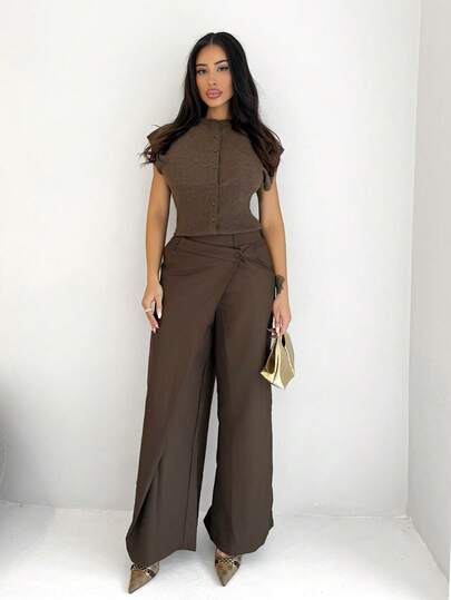 Shopreo 女士不对称休闲阔腿裤女士时尚办公室通勤百搭高腰高端不对称阔腿西装裤