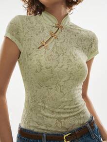 Poéselle Women's Mandarin Collar Raglan Sleeve Fitted Summer Elegant T-Shirt - Olive Green - View 1