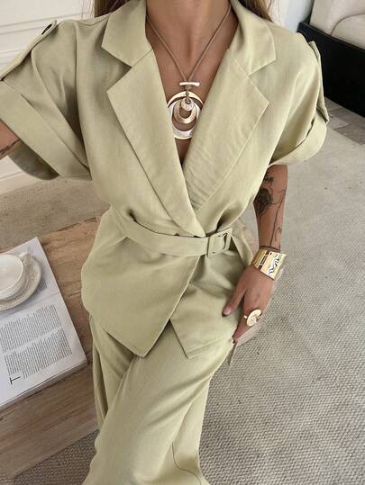 DAZY Women's Casual Solid Color Blazer With Belt And Wide Leg Pants Suit, Spring/Summer