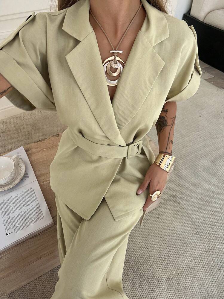 Women's Casual Solid Color Blazer With Belt And Wide Leg Pants Suit, Spring/Summer