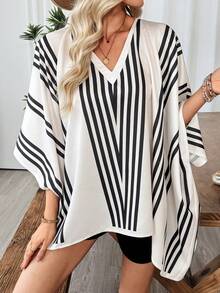 EMERY ROSE 2pcs/Set Summer Casual Striped Batwing Top And Shorts Set - Multicolor - View 8