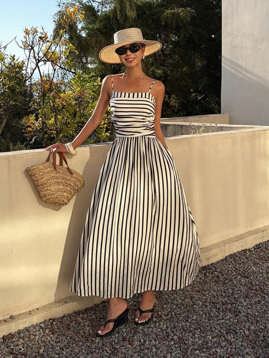 DAZY Đầm midi dây đeo xếp ly kẻ sọc kiểu dáng nghỉ mát dành cho nữ, thích hợp cho mùa xuân và hè. - màu đen - Xem 1