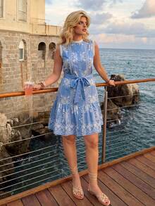 Dripcurv Plus-Size Women's Summer Blue Floral Print Dress, Spring Outfit, Lace Dress, Bow Tie, Blue Dress, Holiday Outfit, Beach Dress Dresses For Women Picnic Dresses For Women Santorini Outfit For Women Amalfi Coast Dress Resort Dresses For Women - Blue and White - View 6
