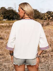 EMERY ROSE Western Loose V-Neck Short Sleeve Embroidered Top For Women - White - View 2