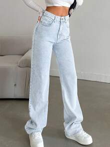 SHEIN Tall Snow Wash Straight Leg Jeans High Rise For Tall - Light Wash - View 3