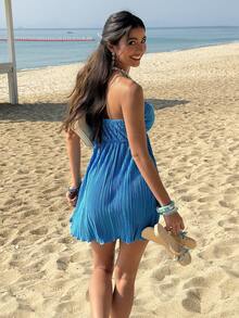 Soleia 女士 Y2K 金属装饰褶皱抹胸性感迷你连衣裙 - 藍色 - 查看 8