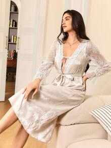 Mature Elegant Satin Rose Jacquard Deep V-Neck Ladies Nightgown - Baby Pink - View 4