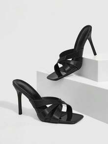 CUCCOO SZL Women's PU Leather Fashion Daily Wear Slip-On High Heel Sandals - Mirror black - View 2